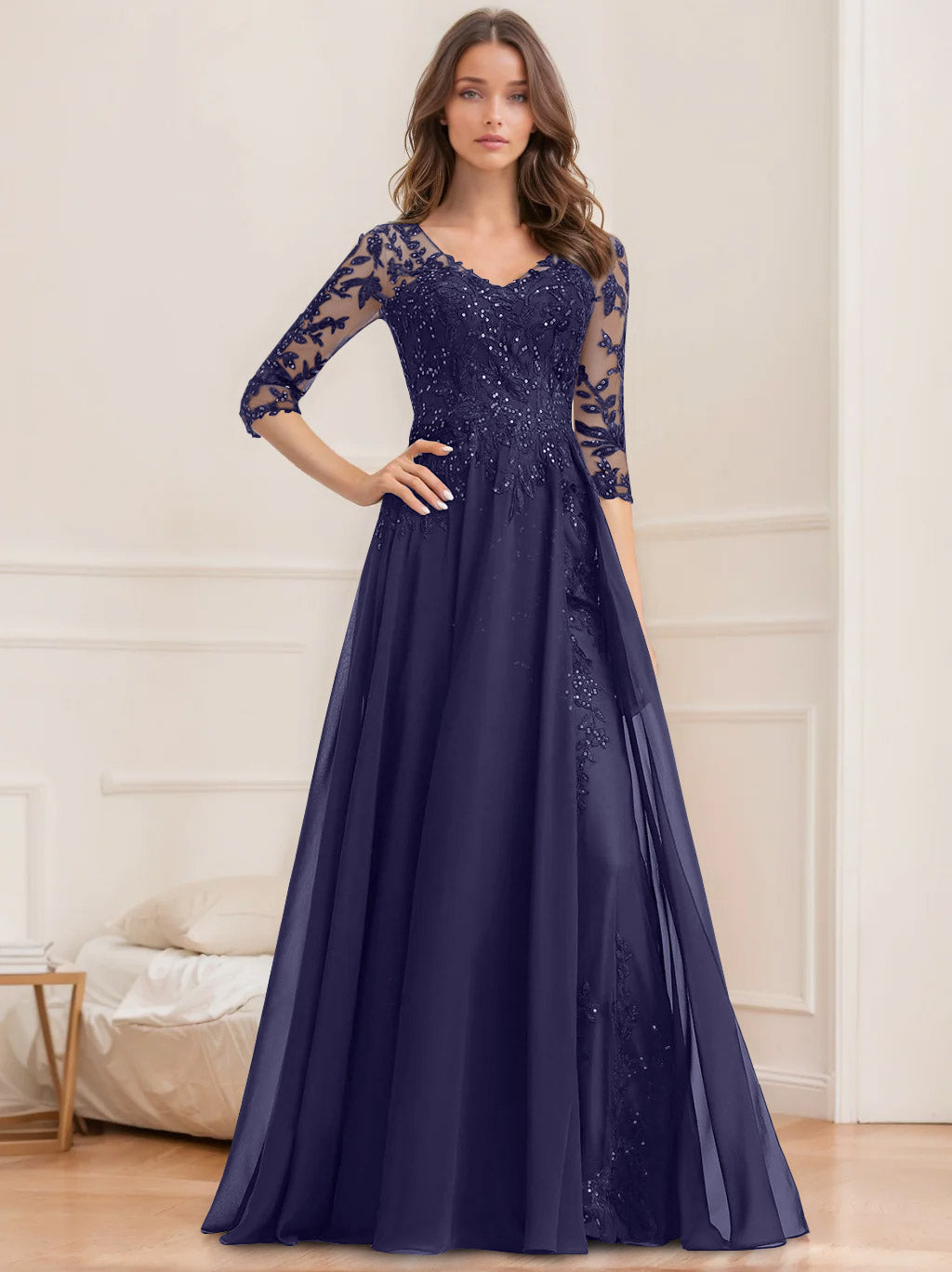 Long V Neck A Line Mother of the Bride Dress with Half Sleeves and Sequins
