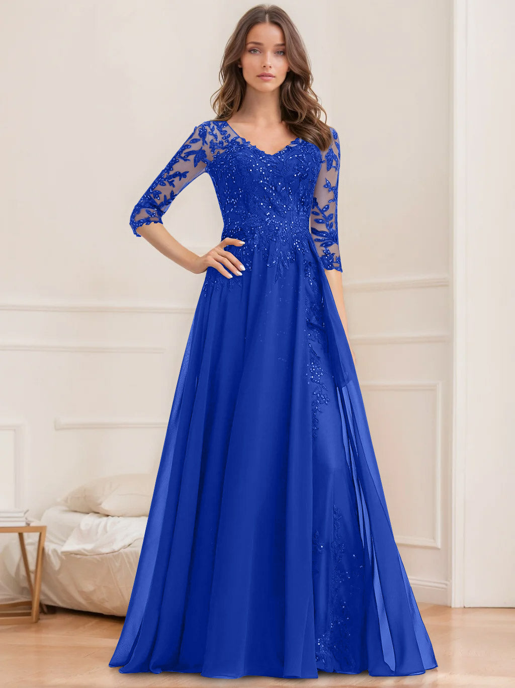 Long V Neck A Line Mother of the Bride Dress with Half Sleeves and Sequins