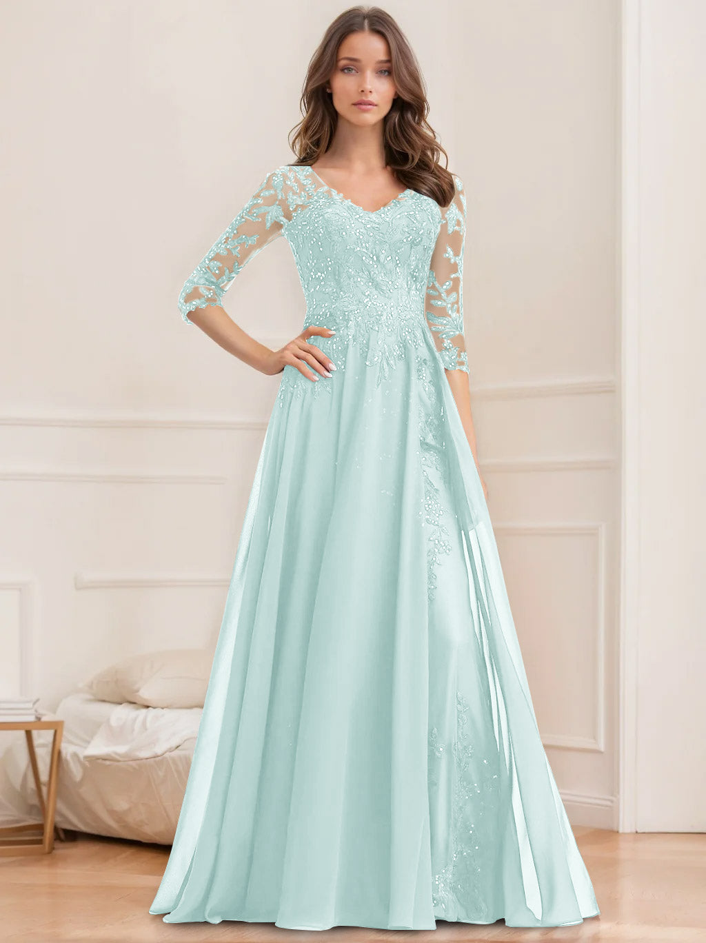 Long V Neck A Line Mother of the Bride Dress with Half Sleeves and Sequins