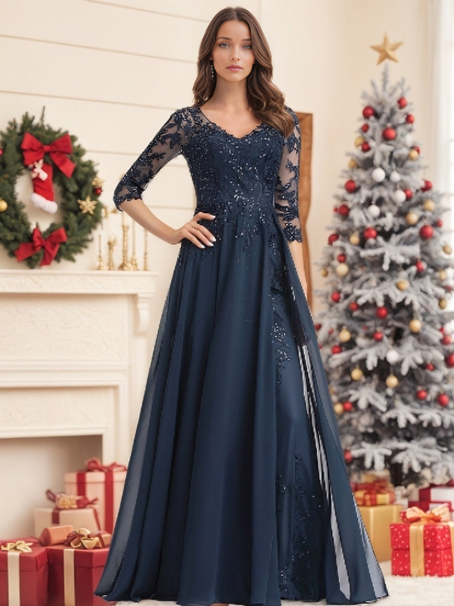 Long V Neck A Line Mother of the Bride Dress with Half Sleeves and Sequins