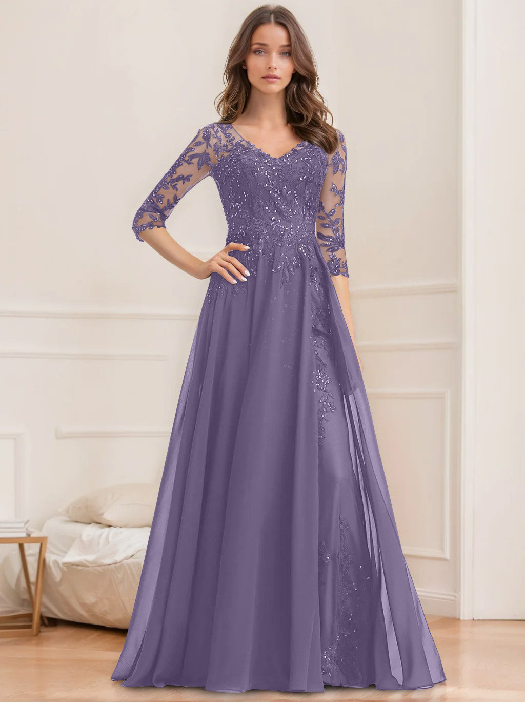 Long V Neck A Line Mother of the Bride Dress with Half Sleeves and Sequins