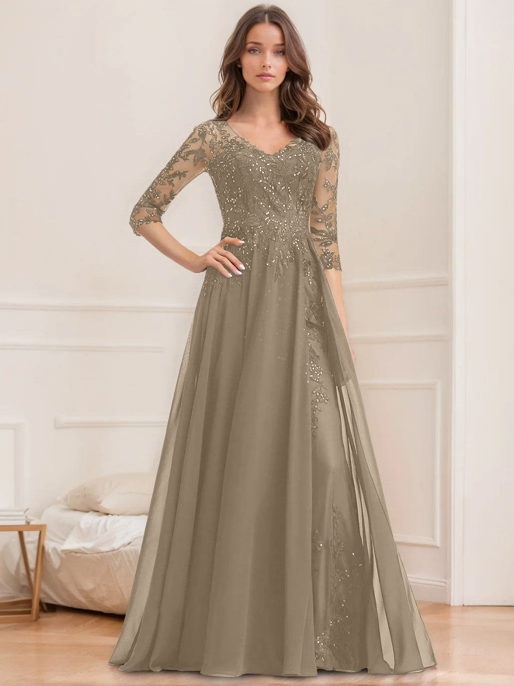 Long V Neck A Line Mother of the Bride Dress with Half Sleeves and Sequins