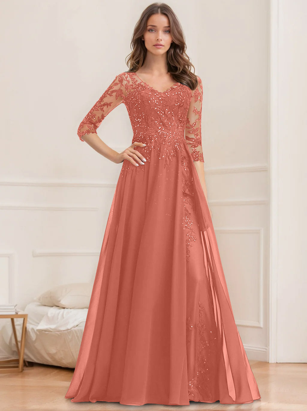 Long V Neck A Line Mother of the Bride Dress with Half Sleeves and Sequins
