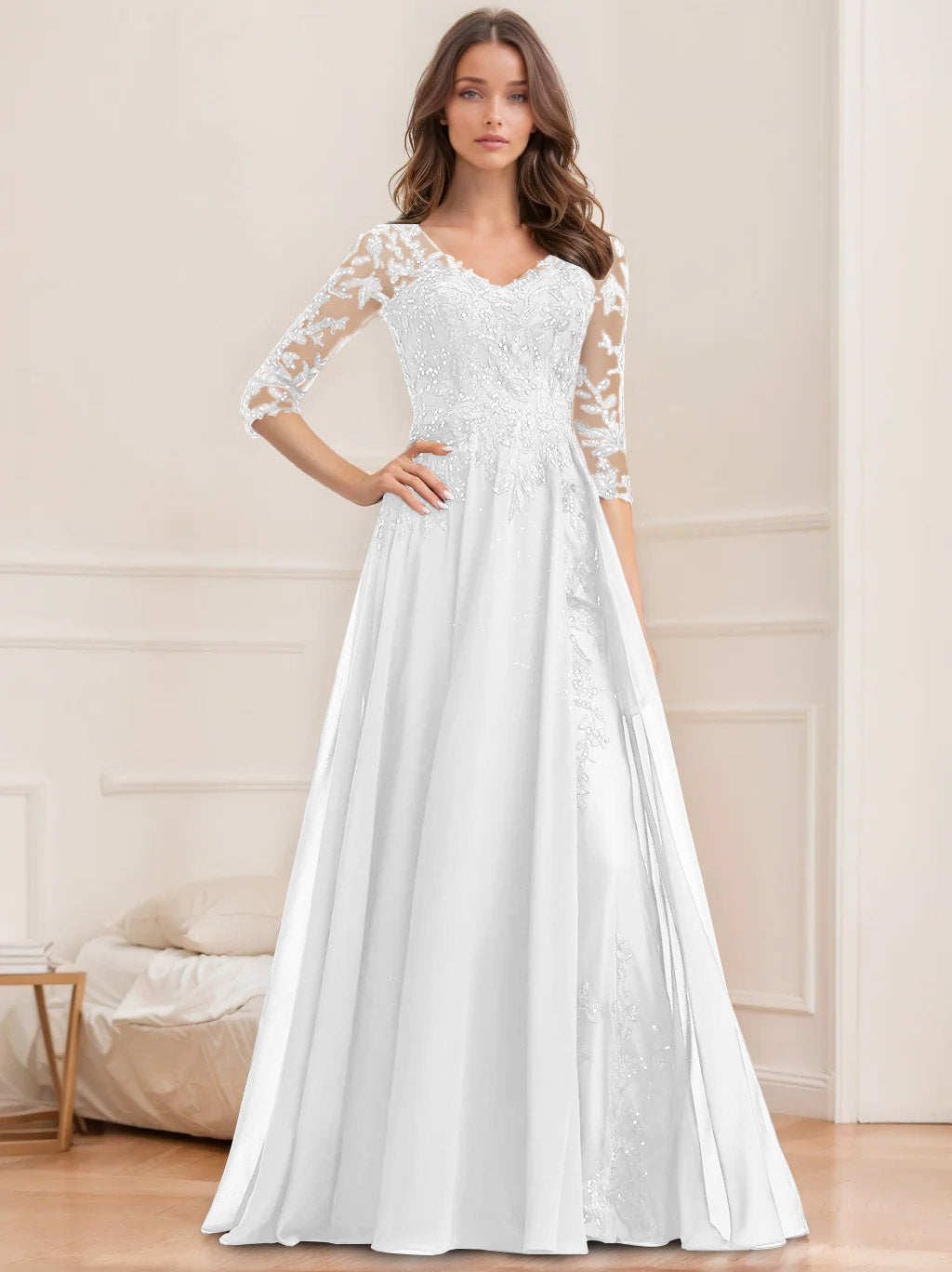 Long V Neck A Line Mother of the Bride Dress with Half Sleeves and Sequins