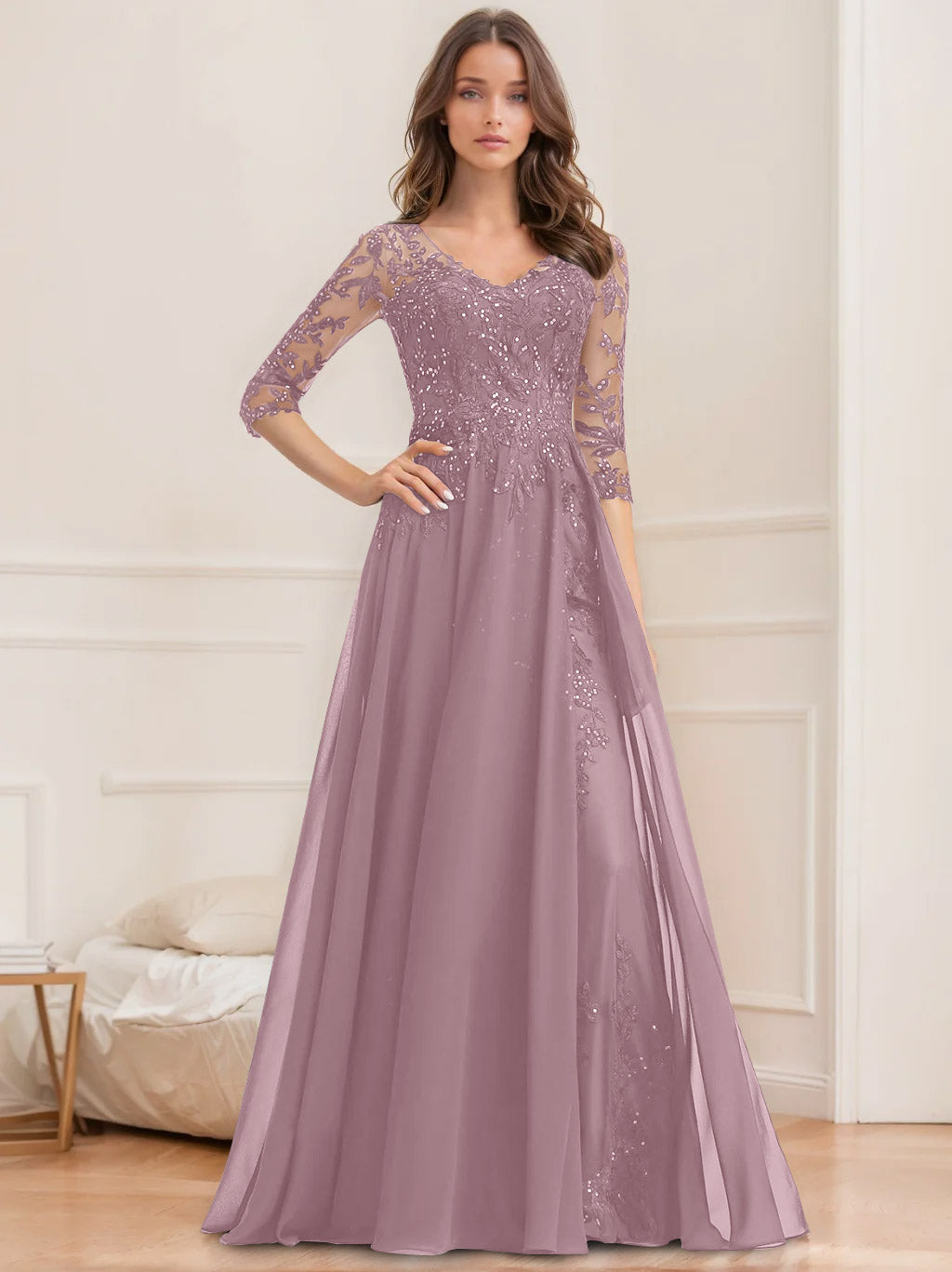 Long V Neck A Line Mother of the Bride Dress with Half Sleeves and Sequins