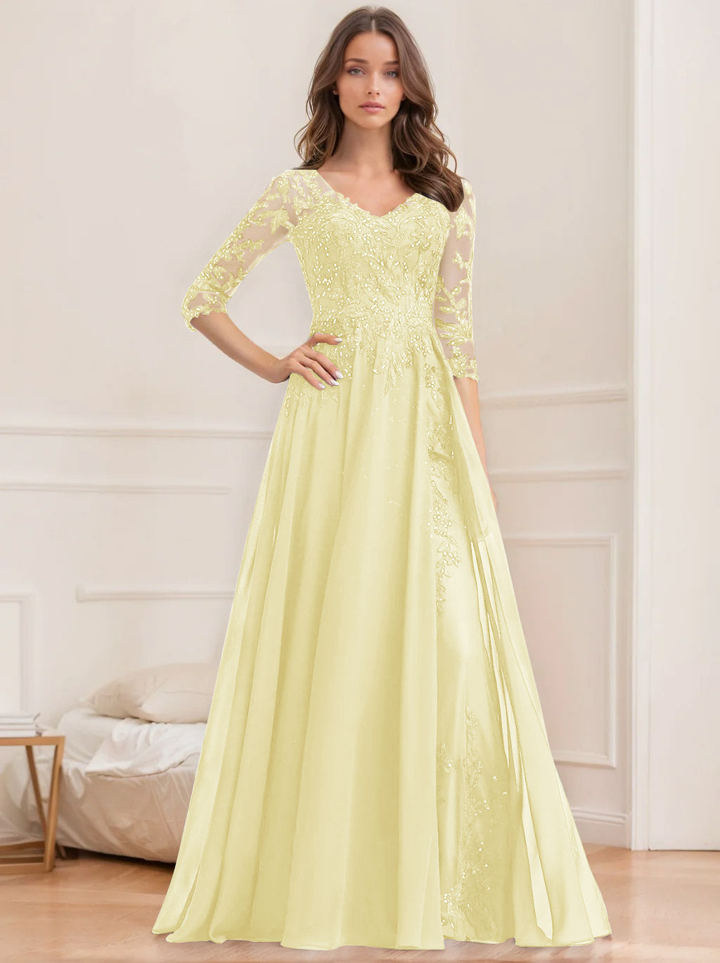 Long V Neck A Line Mother of the Bride Dress with Half Sleeves and Sequins