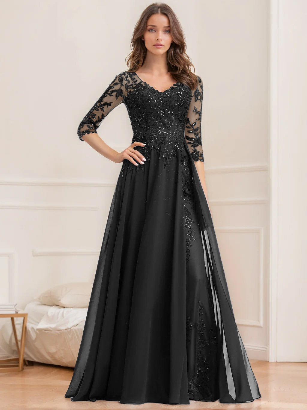 Long V Neck A Line Mother of the Bride Dress with Half Sleeves and Sequins