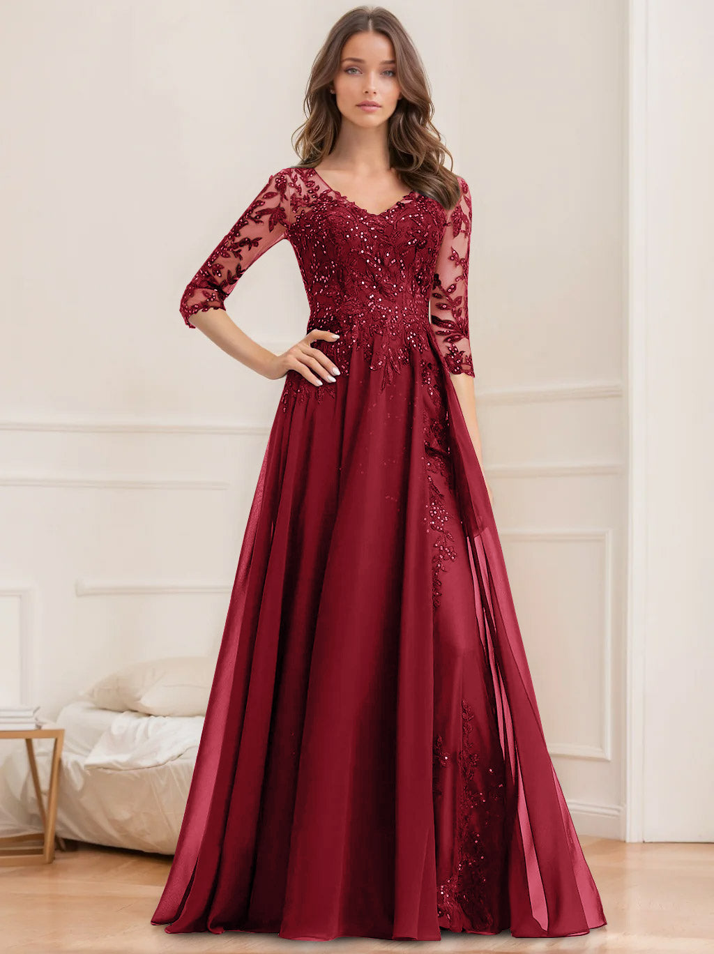Long V Neck A Line Mother of the Bride Dress with Half Sleeves and Sequins