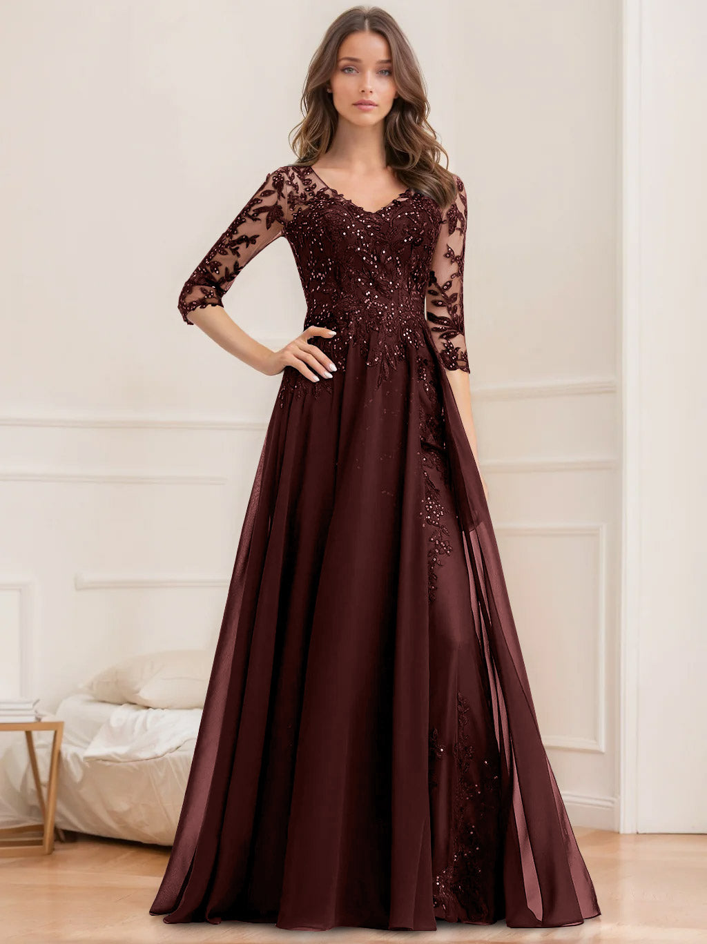 Long V Neck A Line Mother of the Bride Dress with Half Sleeves and Sequins