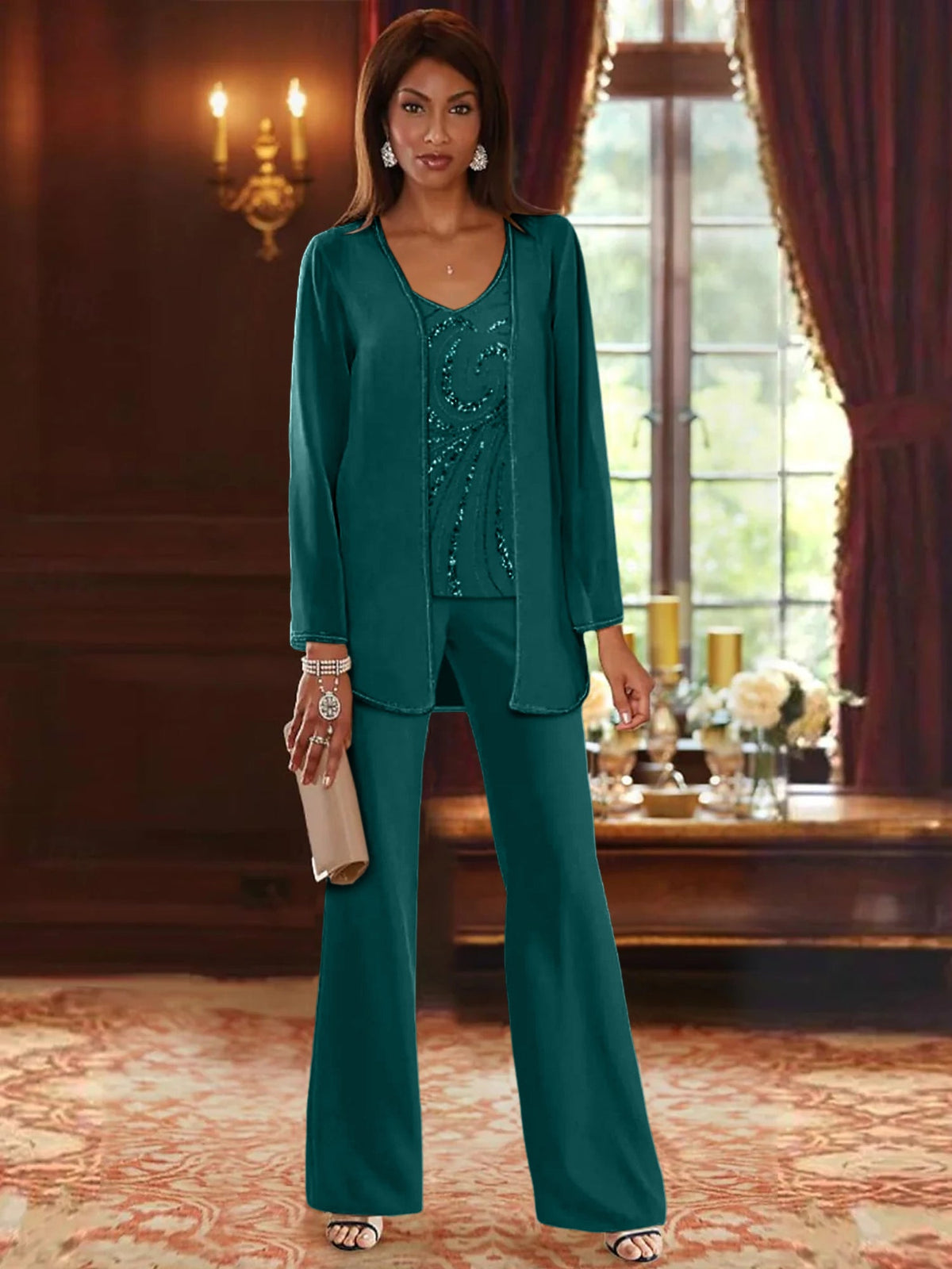 Long V Neck Chiffon Pantsuits with Jacket & Sequins for the Mother of the Bride