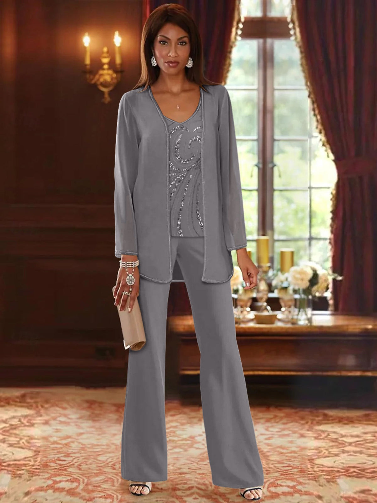 Long V Neck Chiffon Pantsuits with Jacket & Sequins for the Mother of the Bride