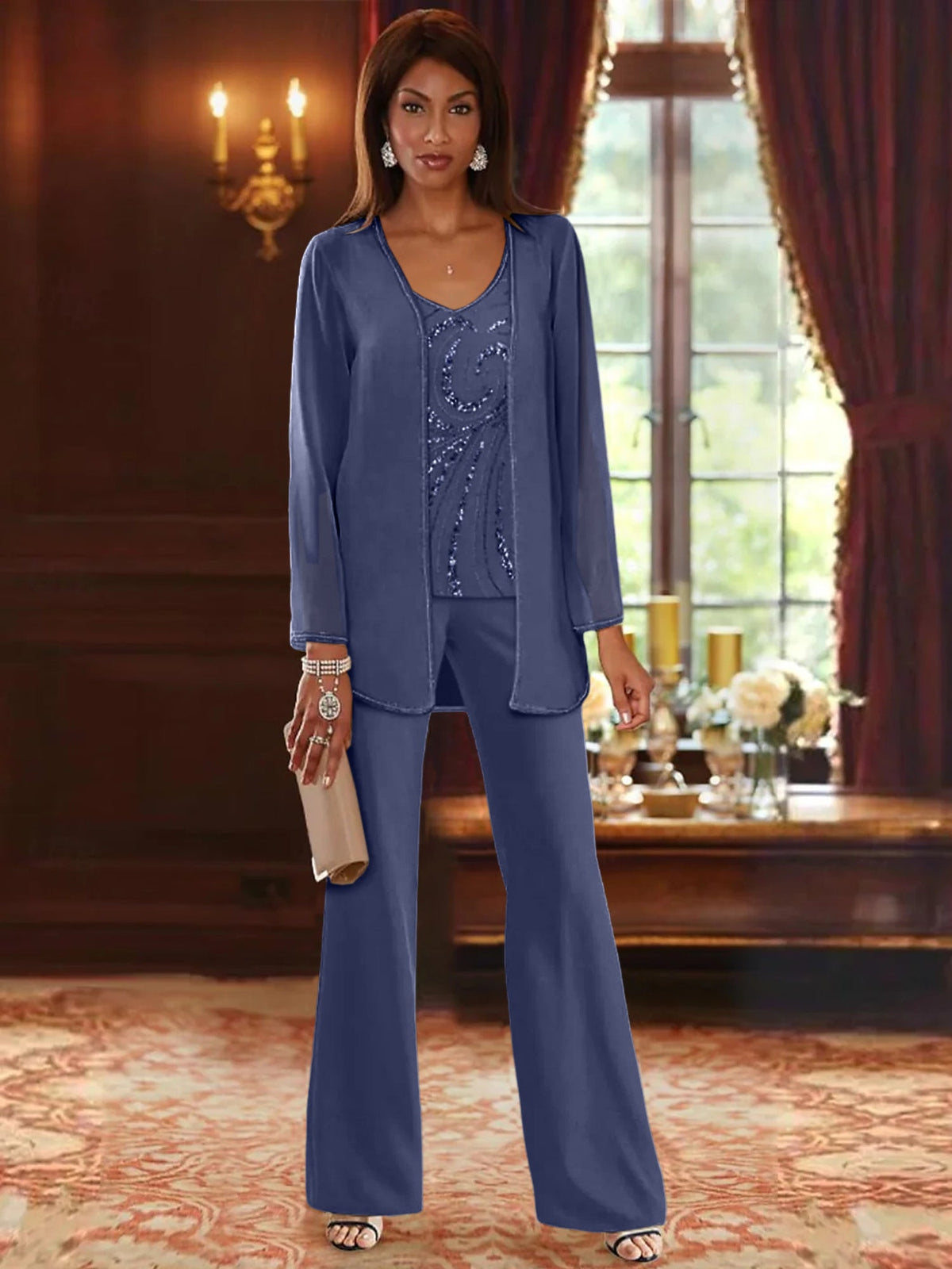 Long V Neck Chiffon Pantsuits with Jacket & Sequins for the Mother of the Bride