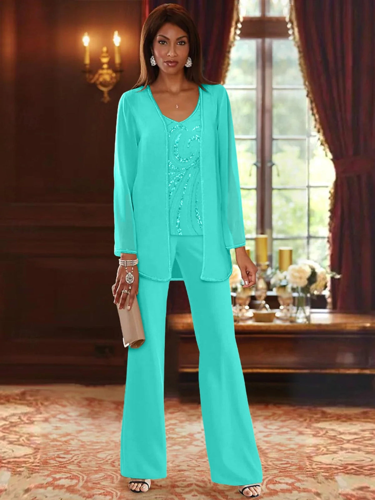 Long V Neck Chiffon Pantsuits with Jacket & Sequins for the Mother of the Bride