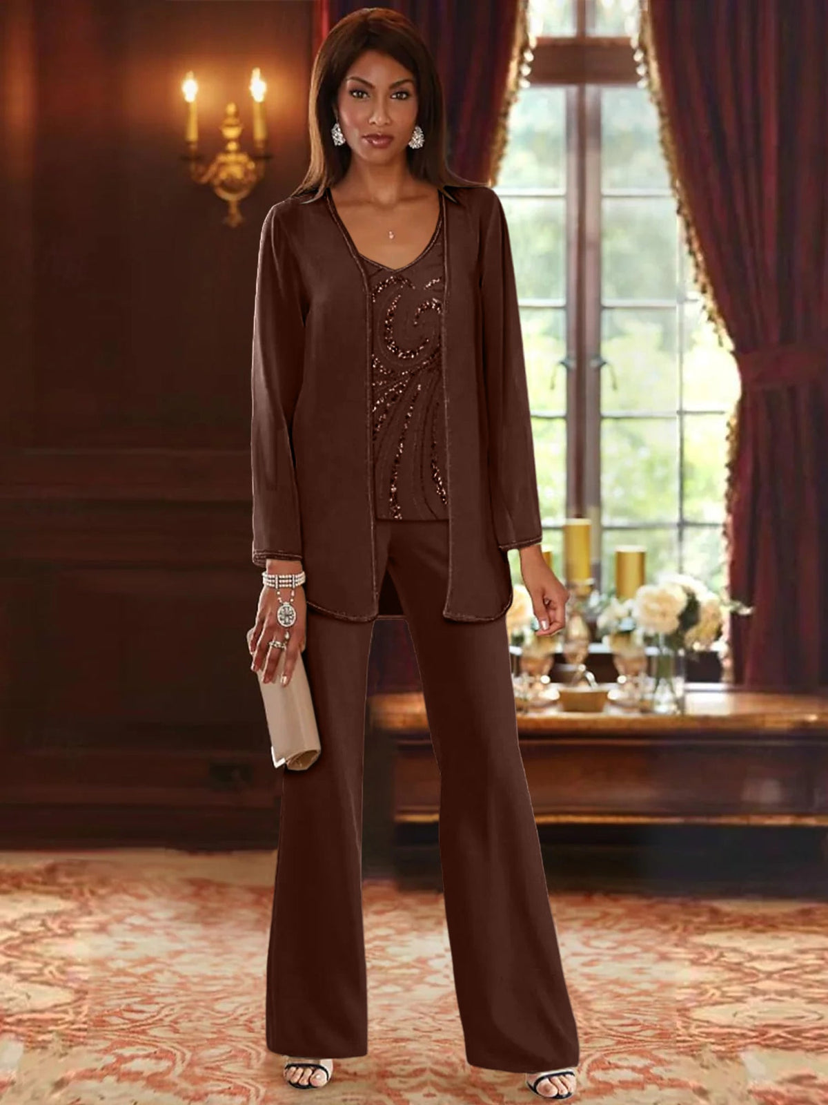 Long V Neck Chiffon Pantsuits with Jacket & Sequins for the Mother of the Bride