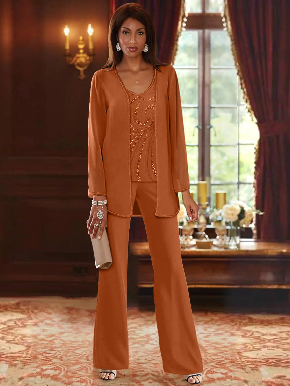 Long V Neck Chiffon Pantsuits with Jacket & Sequins for the Mother of the Bride