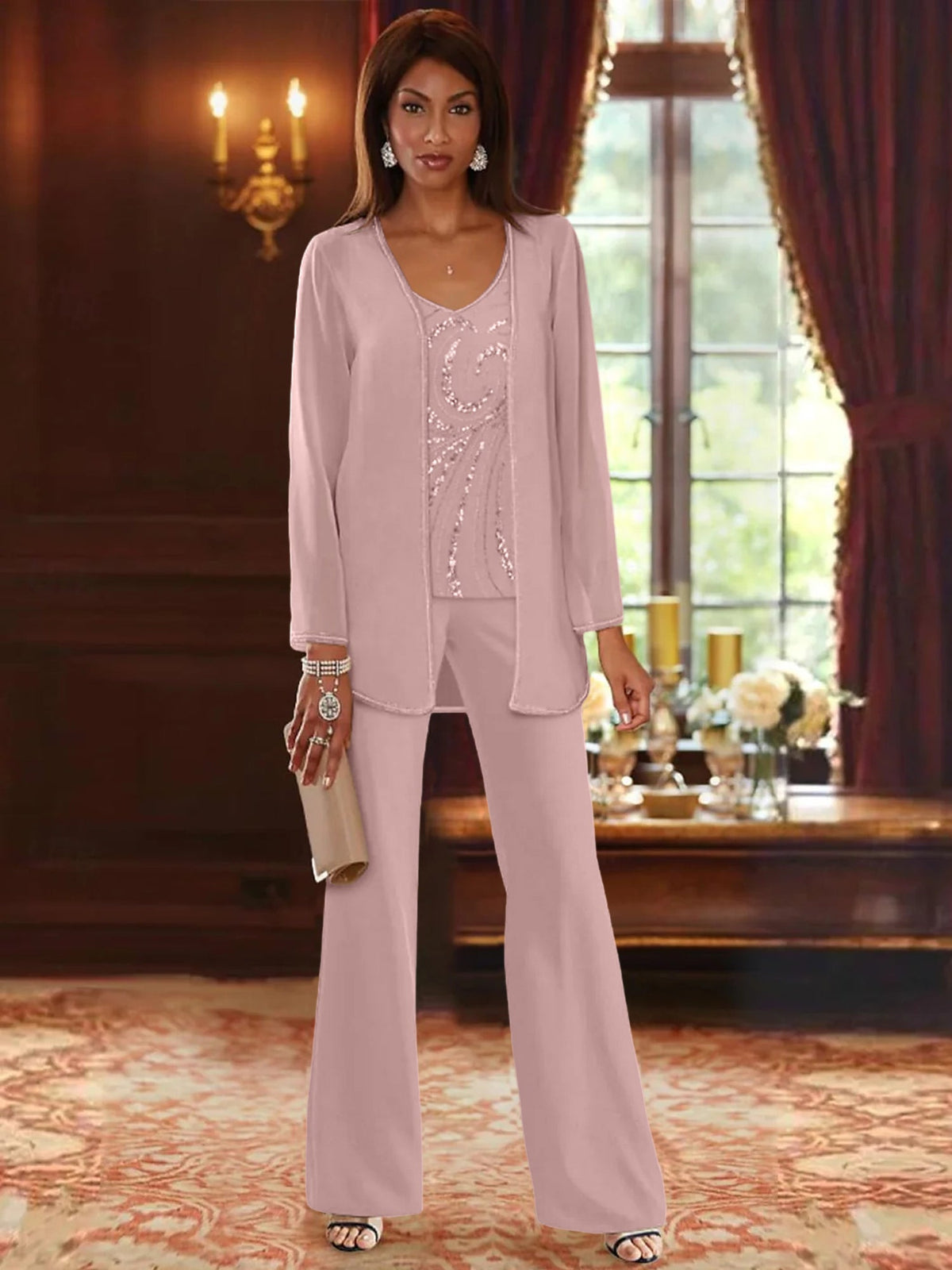 Long V Neck Chiffon Pantsuits with Jacket & Sequins for the Mother of the Bride