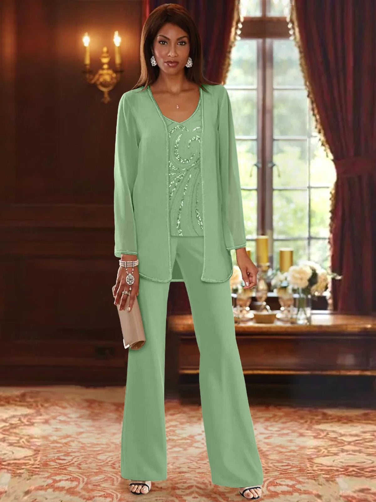 Long V Neck Chiffon Pantsuits with Jacket & Sequins for the Mother of the Bride