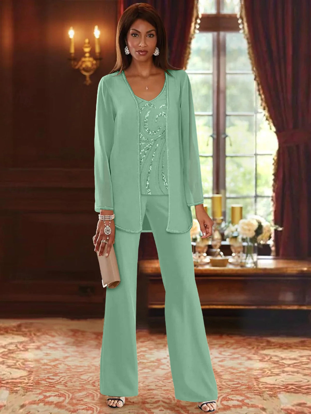 Long V Neck Chiffon Pantsuits with Jacket & Sequins for the Mother of the Bride