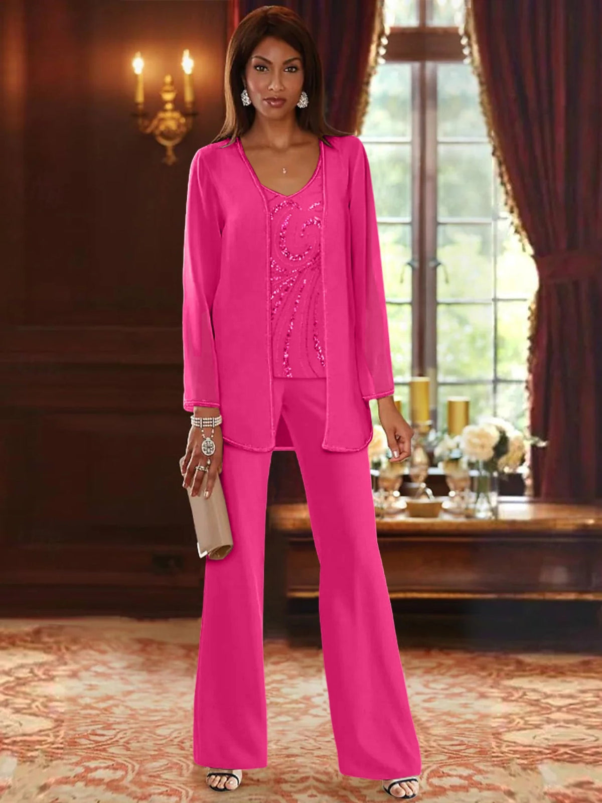 Long V Neck Chiffon Pantsuits with Jacket & Sequins for the Mother of the Bride