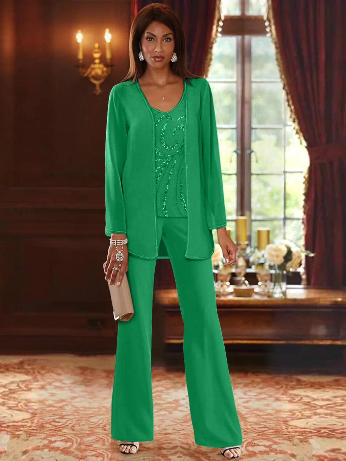 Long V Neck Chiffon Pantsuits with Jacket & Sequins for the Mother of the Bride
