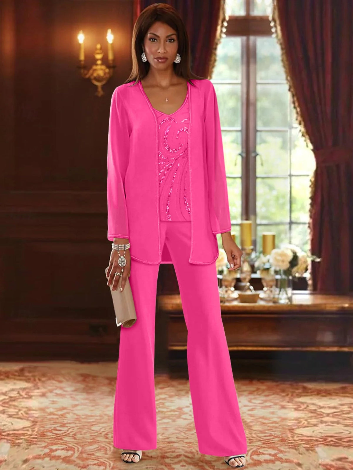 Long V Neck Chiffon Pantsuits with Jacket & Sequins for the Mother of the Bride