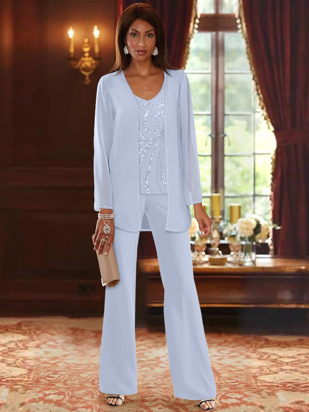 Long V Neck Chiffon Pantsuits with Jacket & Sequins for the Mother of the Bride