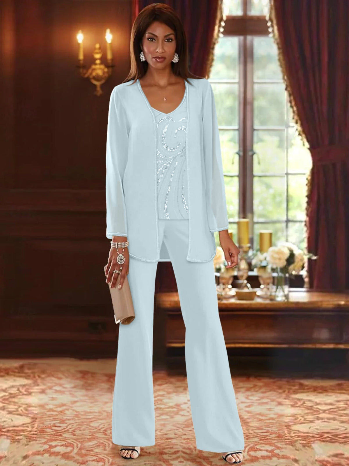Long V Neck Chiffon Pantsuits with Jacket & Sequins for the Mother of the Bride