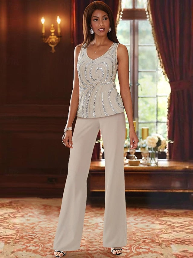 Long V Neck Chiffon Pantsuits with Jacket & Sequins for the Mother of the Bride
