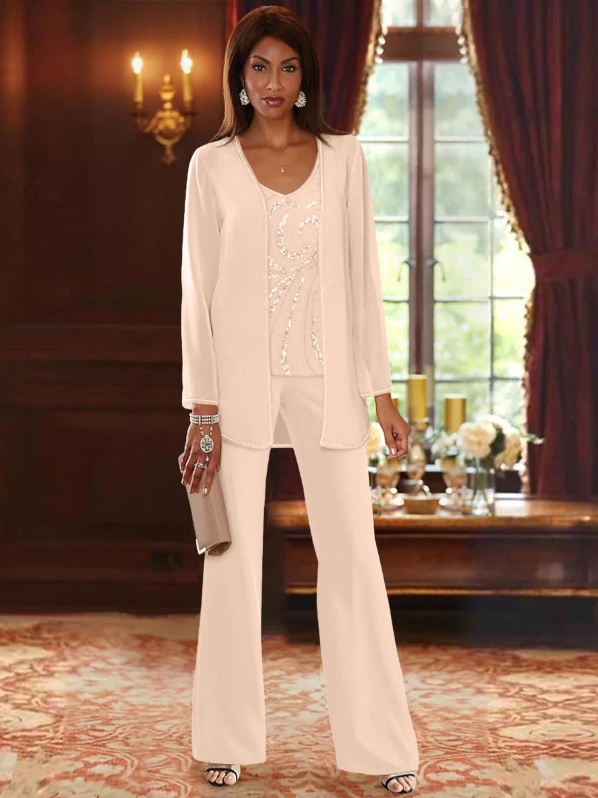 Long V Neck Chiffon Pantsuits with Jacket & Sequins for the Mother of the Bride