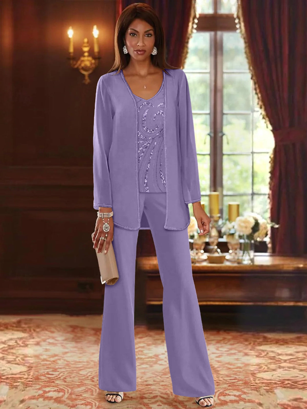 Long V Neck Chiffon Pantsuits with Jacket & Sequins for the Mother of the Bride