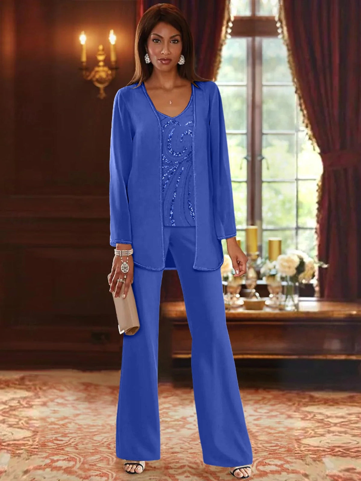 Long V Neck Chiffon Pantsuits with Jacket & Sequins for the Mother of the Bride