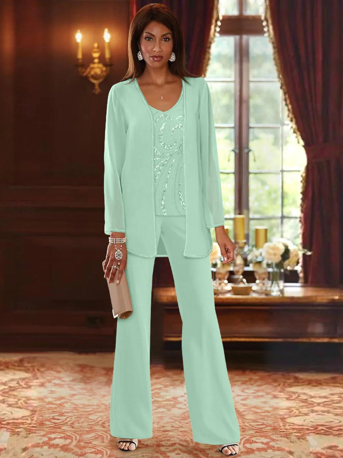 Long V Neck Chiffon Pantsuits with Jacket & Sequins for the Mother of the Bride