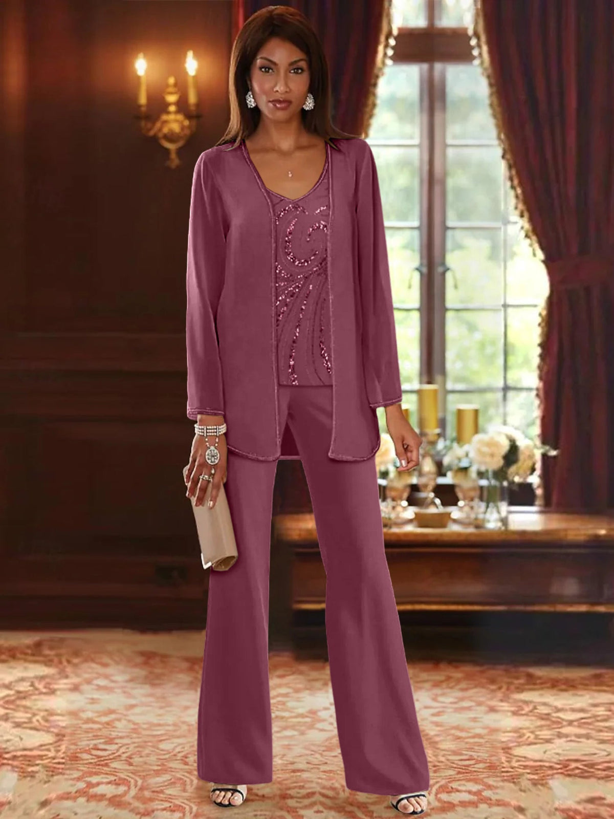 Long V Neck Chiffon Pantsuits with Jacket & Sequins for the Mother of the Bride