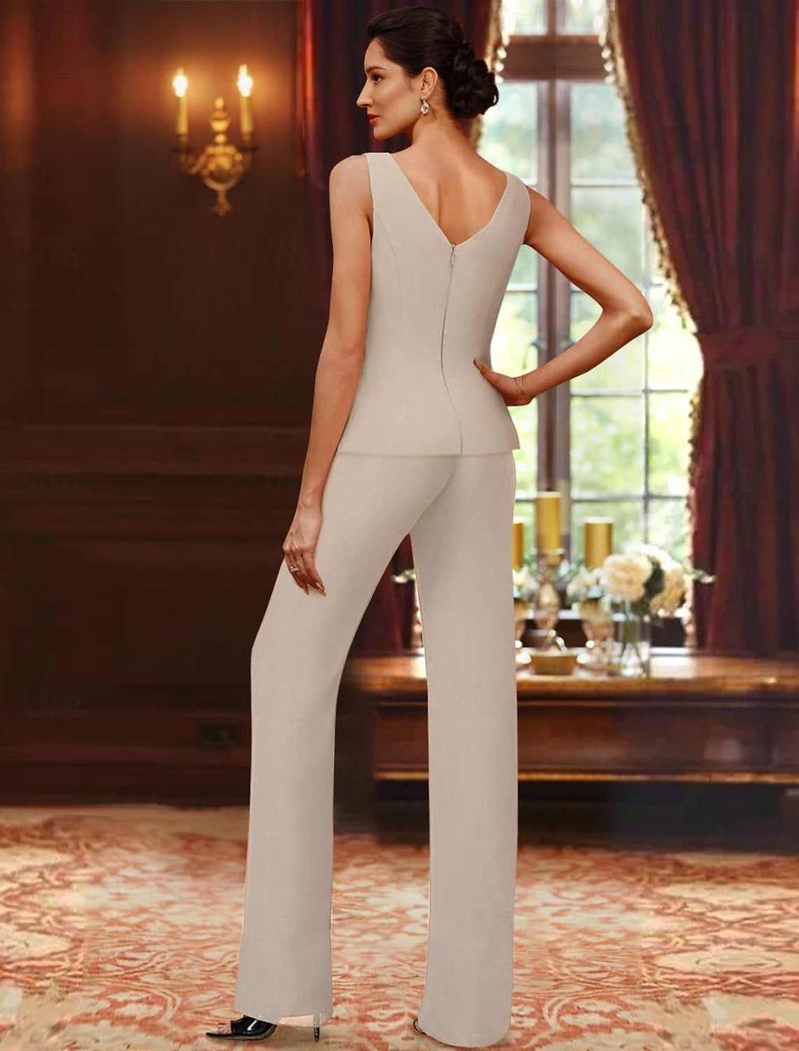 Long V Neck Chiffon Pantsuits with Jacket & Sequins for the Mother of the Bride