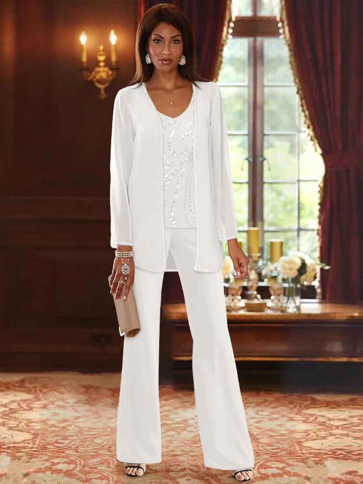 Long V Neck Chiffon Pantsuits with Jacket & Sequins for the Mother of the Bride