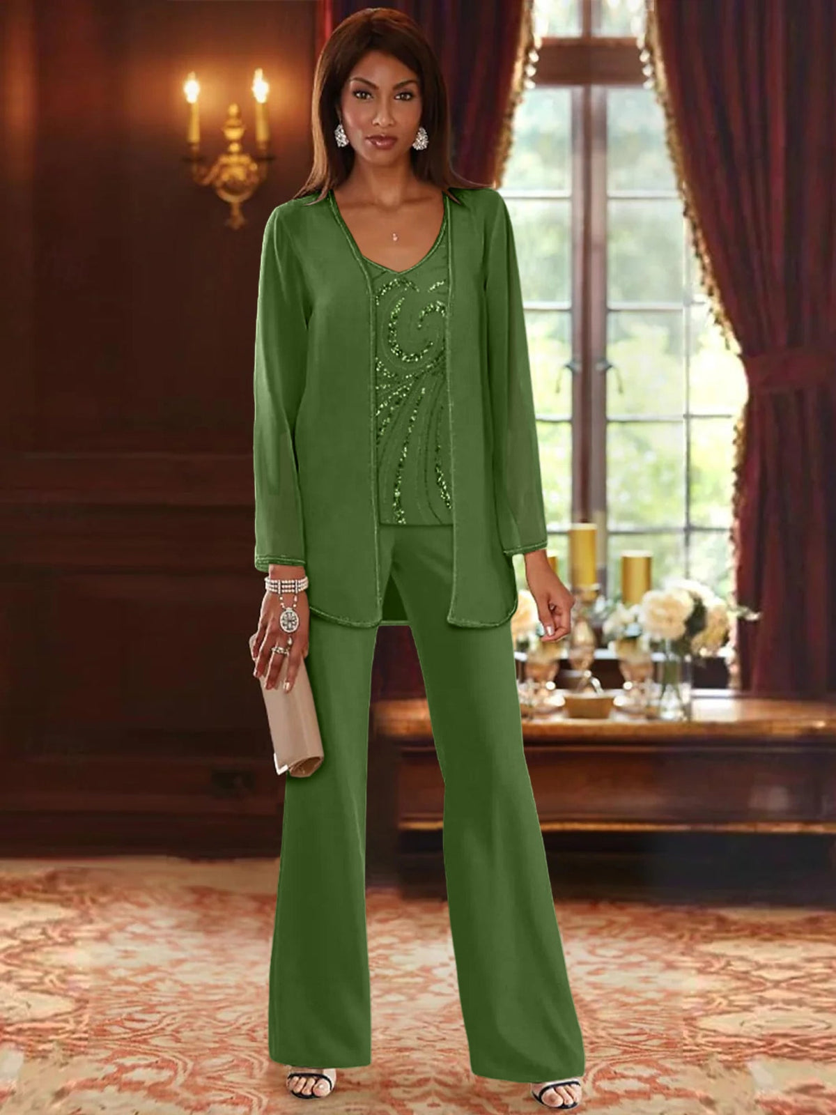 Long V Neck Chiffon Pantsuits with Jacket & Sequins for the Mother of the Bride