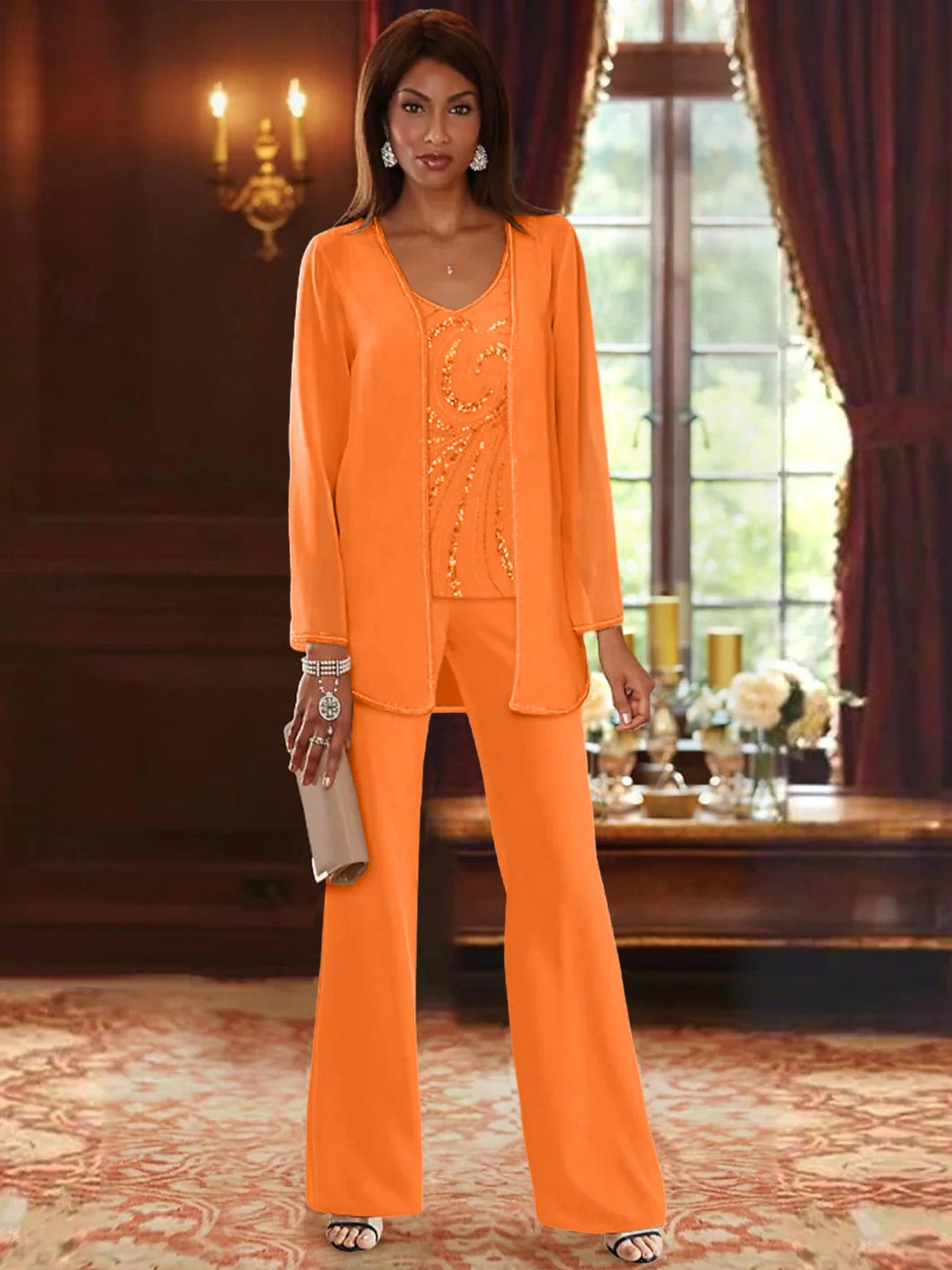 Long V Neck Chiffon Pantsuits with Jacket & Sequins for the Mother of the Bride