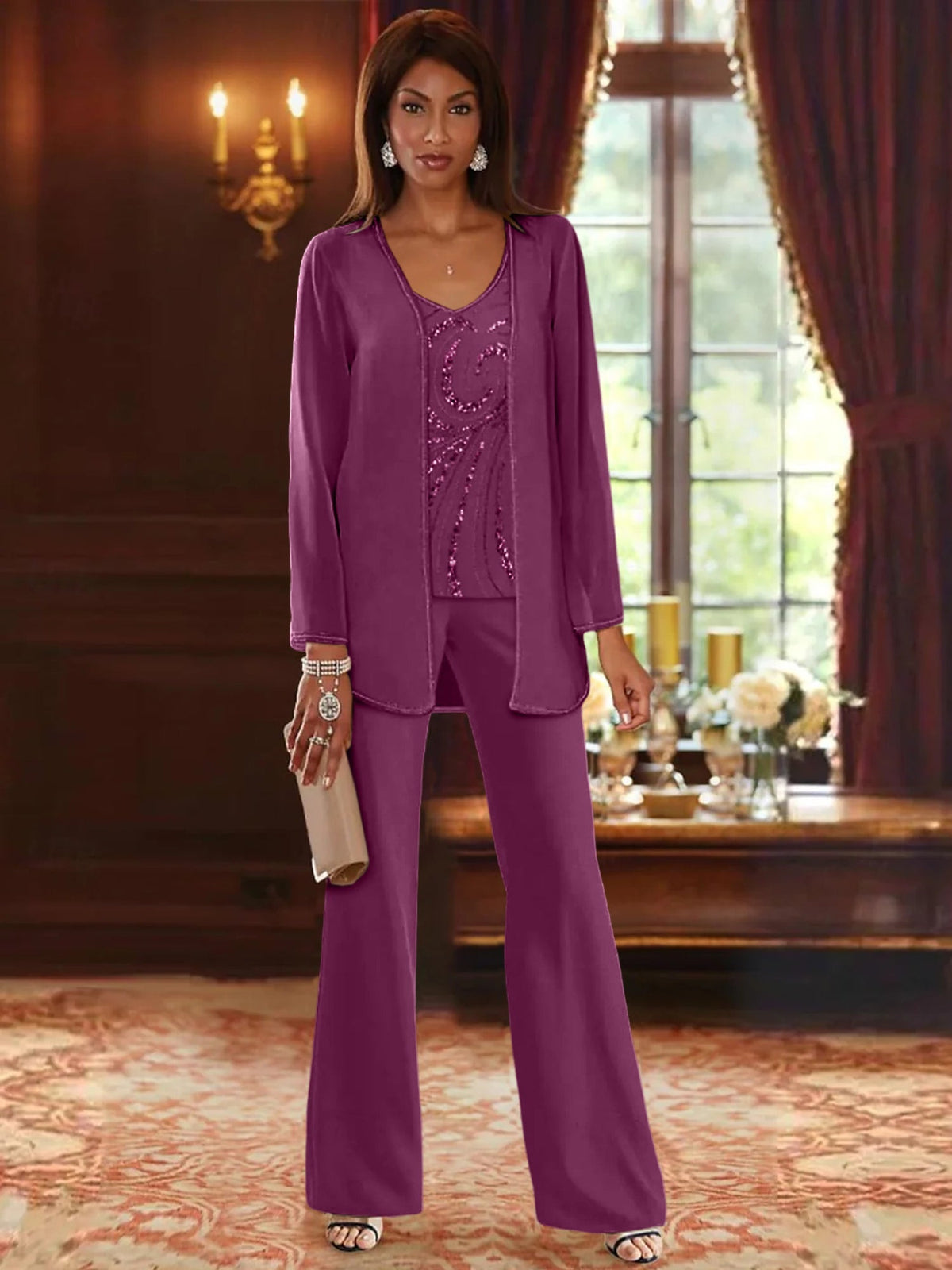 Long V Neck Chiffon Pantsuits with Jacket & Sequins for the Mother of the Bride