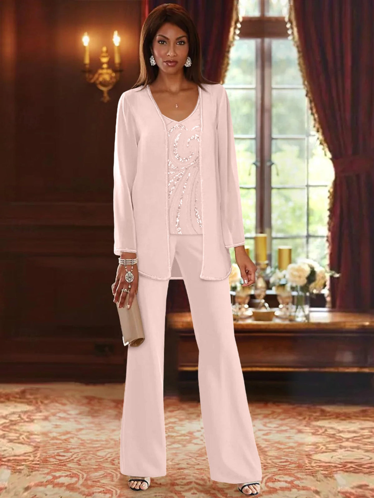 Long V Neck Chiffon Pantsuits with Jacket & Sequins for the Mother of the Bride