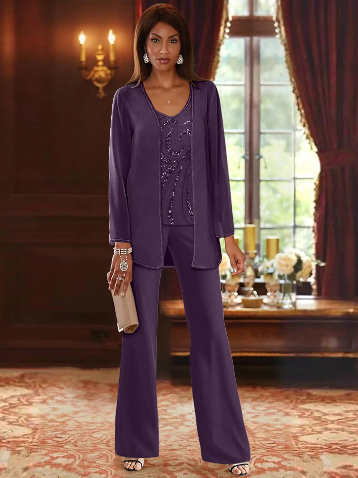 Long V Neck Chiffon Pantsuits with Jacket & Sequins for the Mother of the Bride