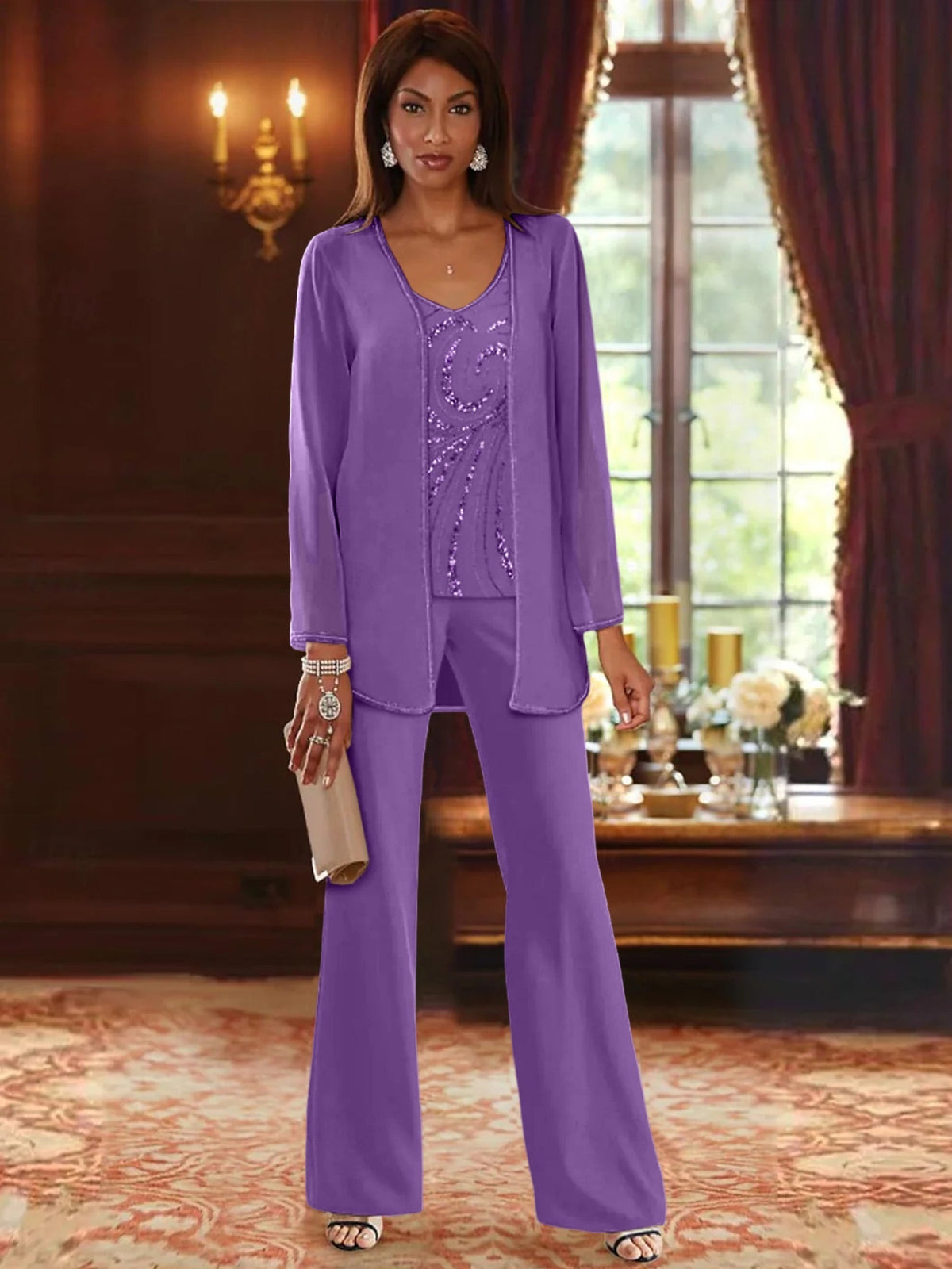 Long V Neck Chiffon Pantsuits with Jacket & Sequins for the Mother of the Bride