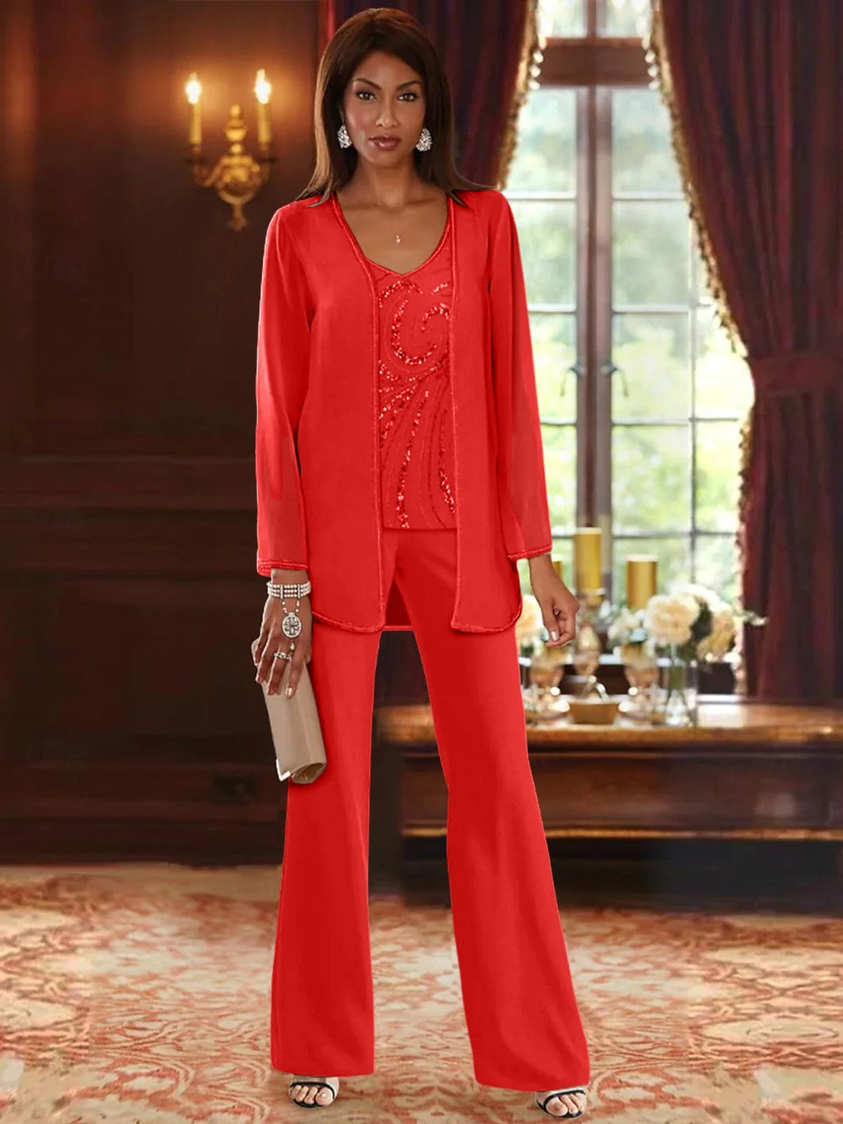Long V Neck Chiffon Pantsuits with Jacket & Sequins for the Mother of the Bride