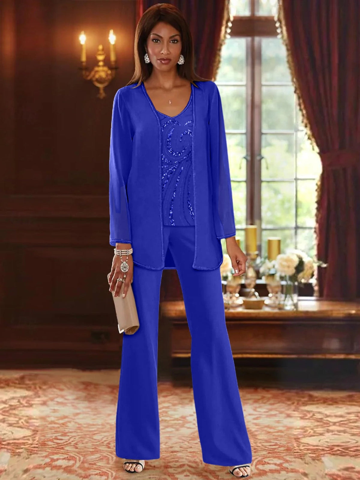 Long V Neck Chiffon Pantsuits with Jacket & Sequins for the Mother of the Bride