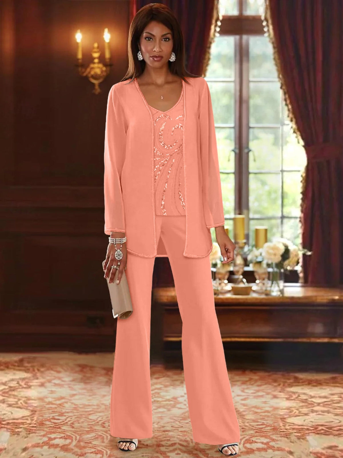 Long V Neck Chiffon Pantsuits with Jacket & Sequins for the Mother of the Bride