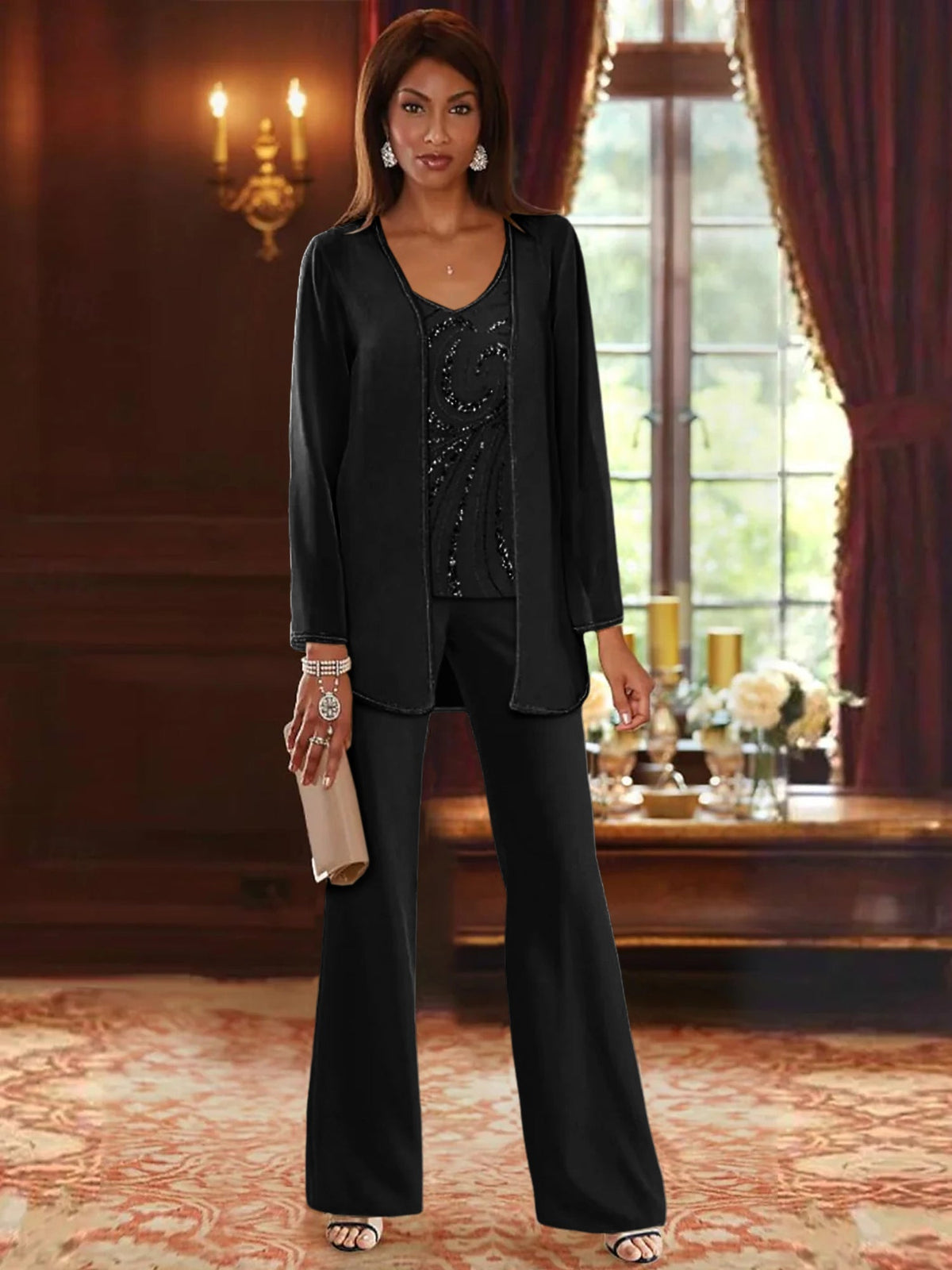 Long V Neck Chiffon Pantsuits with Jacket & Sequins for the Mother of the Bride