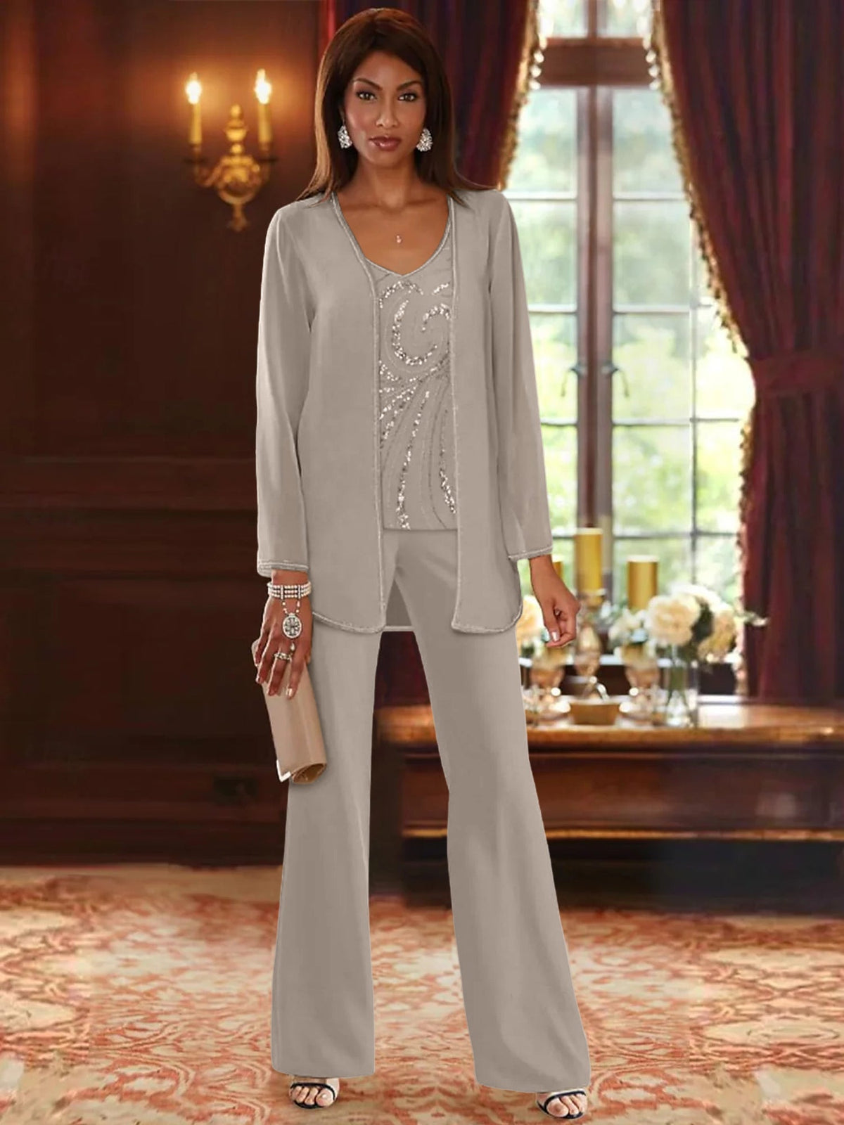 Long V Neck Chiffon Pantsuits with Jacket & Sequins for the Mother of the Bride