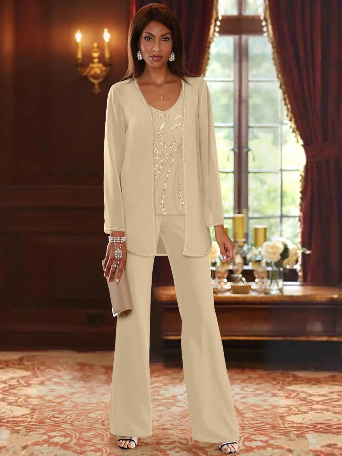 Long V Neck Chiffon Pantsuits with Jacket & Sequins for the Mother of the Bride