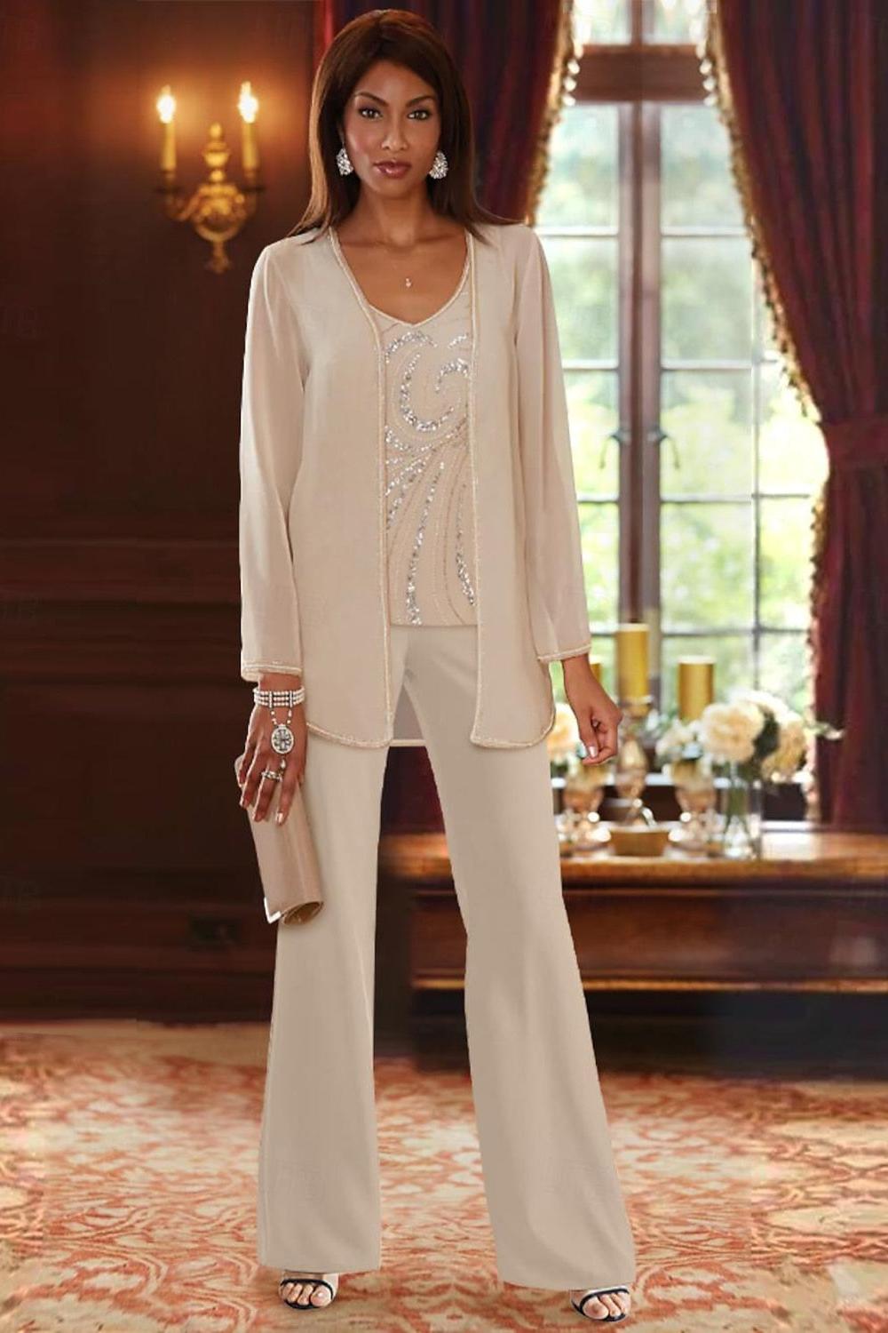 Long V Neck Chiffon Pantsuits with Jacket & Sequins for the Mother of the Bride