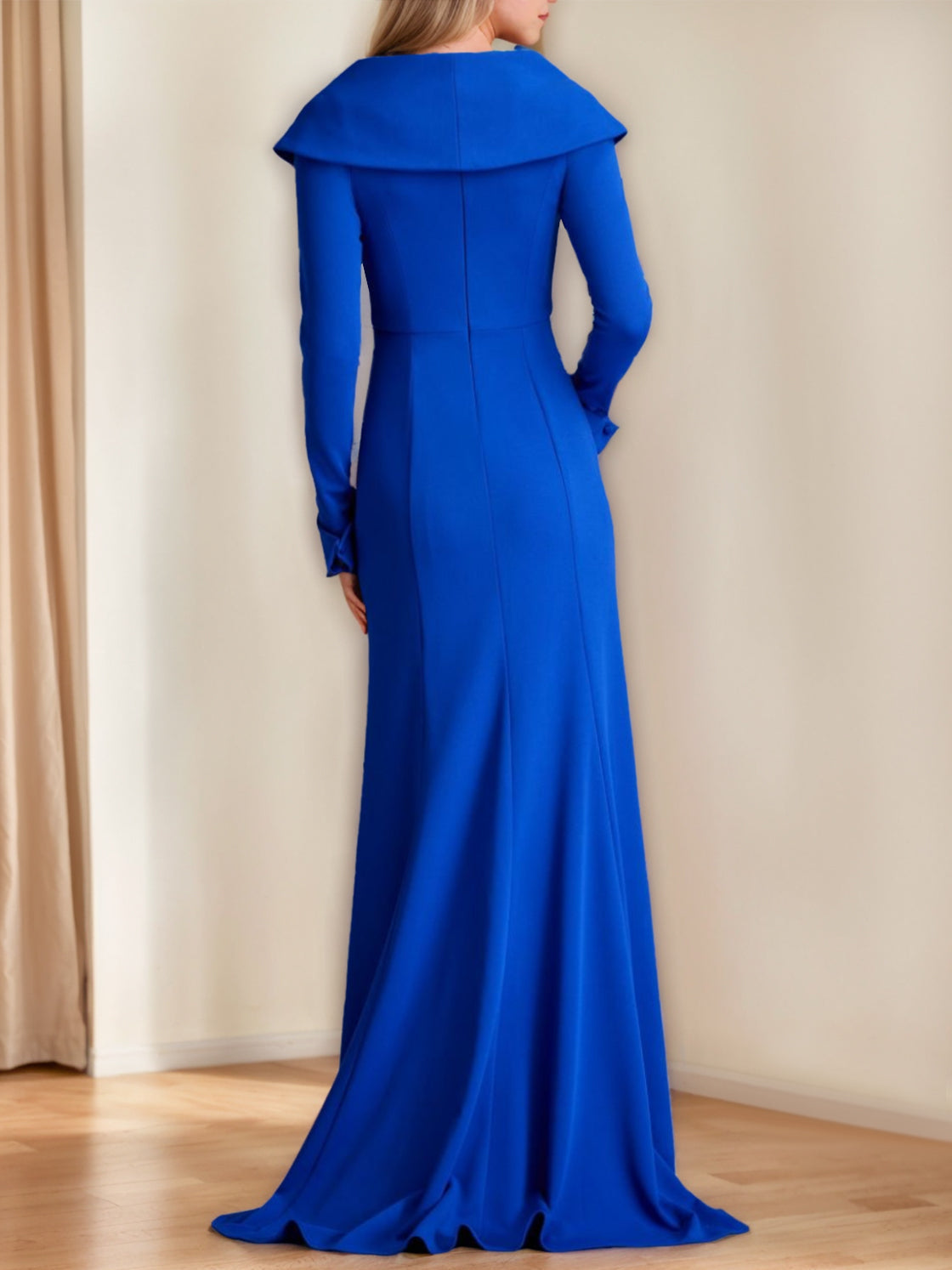 Long V Neck Mermaid Trumpet Mother of the Bride Dress with Ruffled Long Sleeves