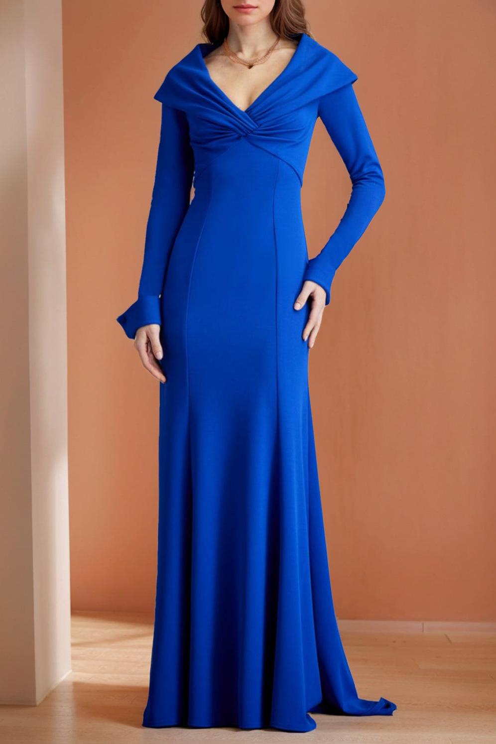 Long V Neck Mermaid Trumpet Mother of the Bride Dress with Ruffled Long Sleeves